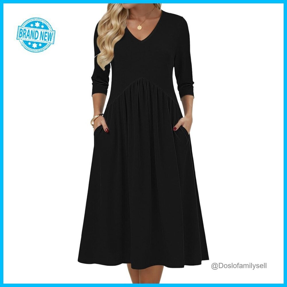 Boho Midi Dress with Pockets Empire Waist Casual Summer Semi-Formal Tunic